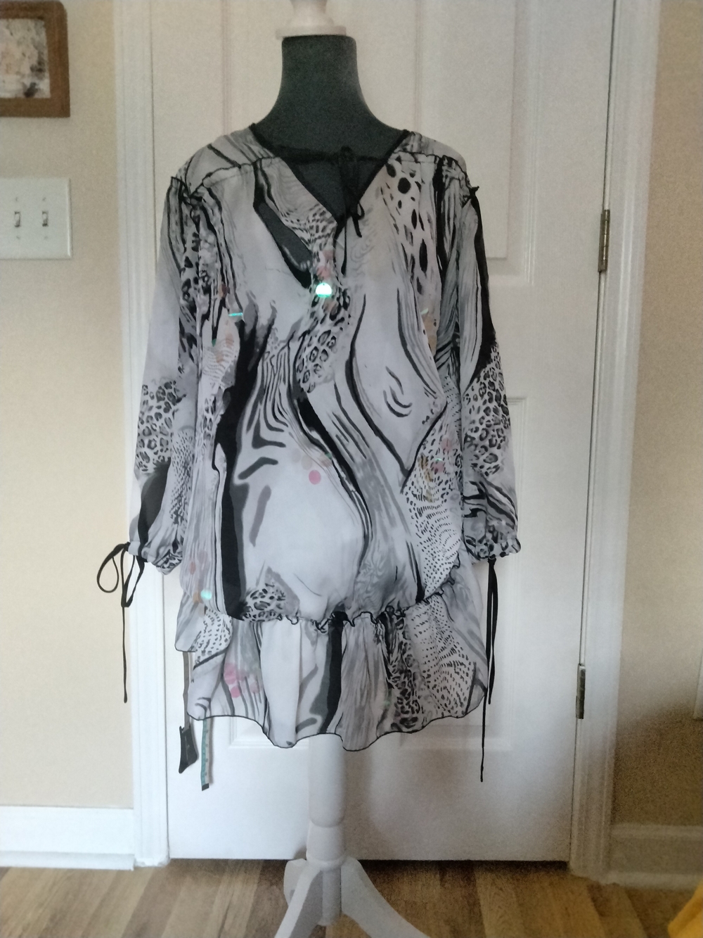 Sheer Black and White Printed Tunic Top with Tie Details